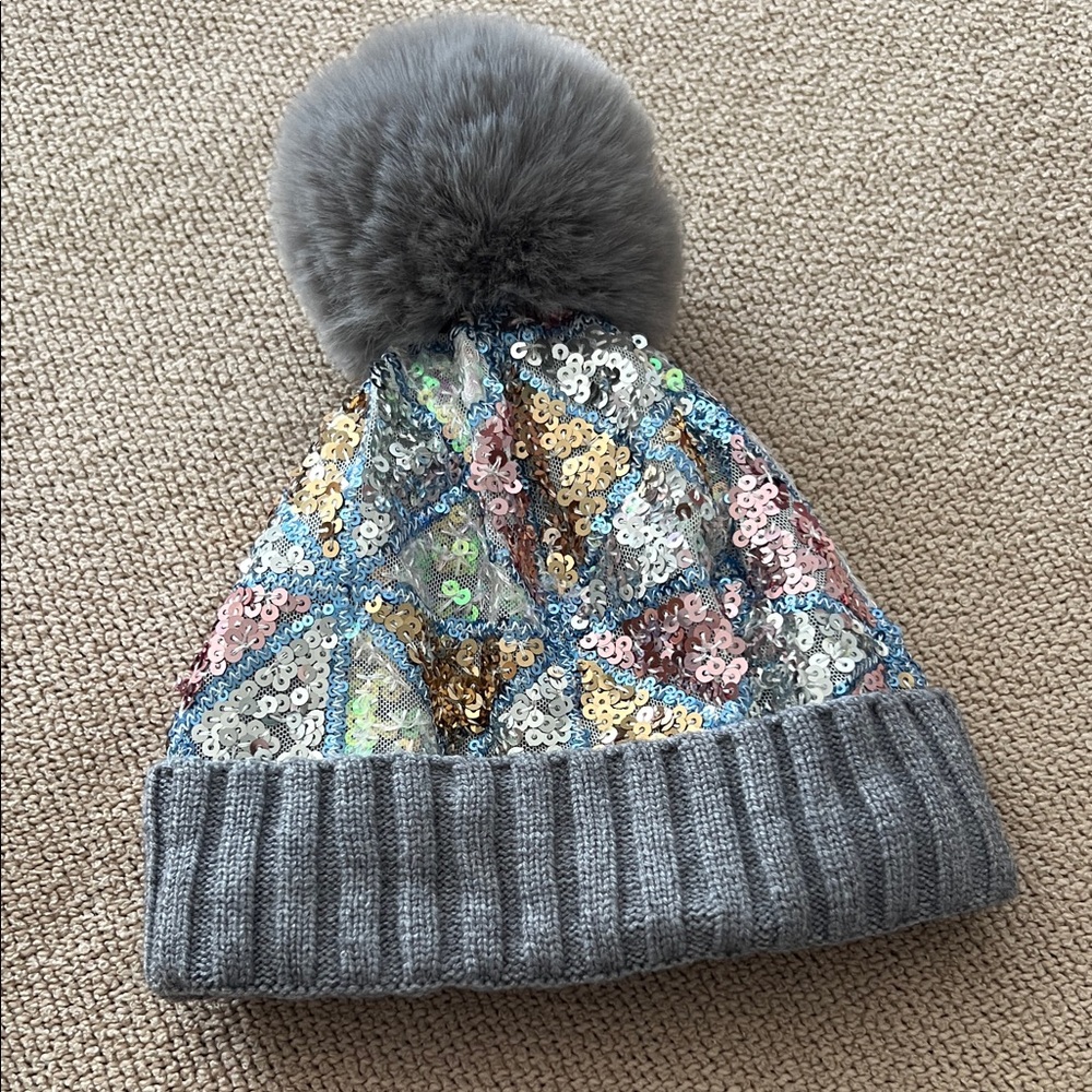 Kids Grey Pom Beanie Hat with Multicolor Sequins